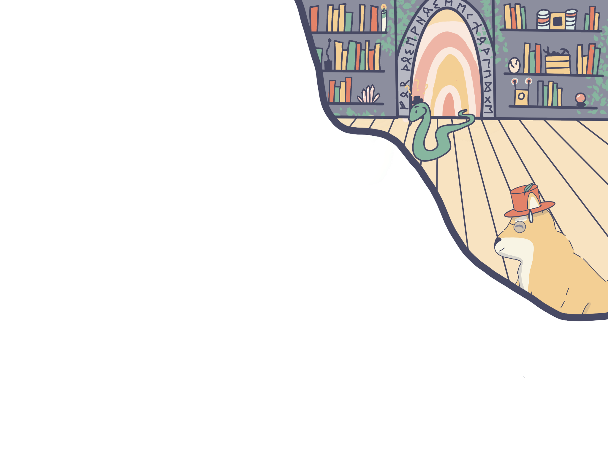 Background image of a cartoon python and dog in an arcane library